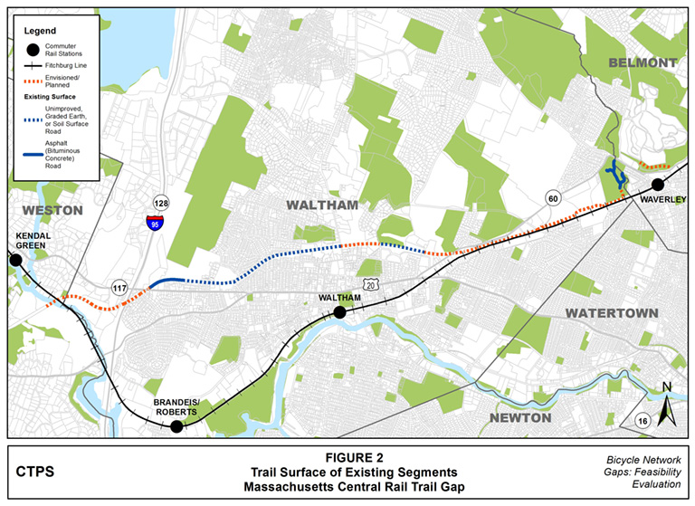 Figure 2 – Map illustrating the trail surface – asphalt (bituminous concrete) road or unimproved/graded earth/soil surface road – of the existing segments of the Massachusetts Central Rail Trail along the gap in Belmont, Waltham, and Weston. The map also indicates which portions of the trail, for the time being, remain simply envisioned or planned. Figure 2 – Map illustrating the trail surface – asphalt (bituminous concrete) road or unimproved/graded earth/soil surface road – of the existing segments of the Massachusetts Central Rail Trail along the gap in Belmont, Waltham, and Weston. The map also indicates which portions of the trail, for the time being, remain simply envisioned or planned.